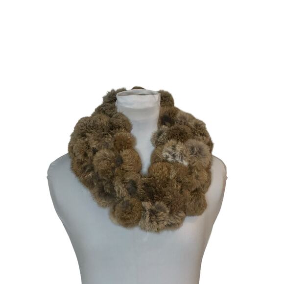 Vintage Adrienne Landau Rabbit fur neck scarf NWOT Brown Snood PomPom Infinity - Picture 3 of 9